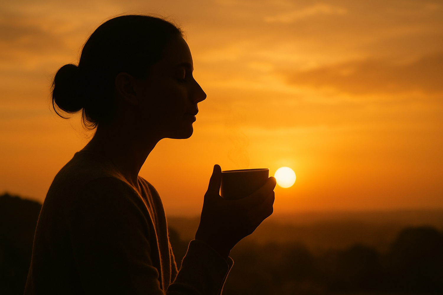 Person pausing with a cup of tea at sunset